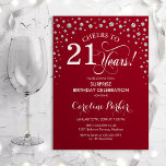 Överraskning 21:a födelsedagen Party - Röda Silver Inbjudningar<br><div class="desc">Överraskad inbjudan till 21:a födelsedagspartiet. Utformning av eleganten i mörk röd och faux glitter silver. Med skriptteckensnitt och diamanter konfigureras. Skål till 21 år! Berätta om du behöver anpassa dig ytterligare.</div>
