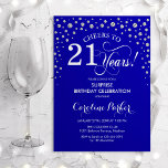 Överraskning 21:a födelsedagen Party - Royalet Blu Inbjudningar<br><div class="desc">Överraskad inbjudan till 21:a födelsedagspartiet. Utformning av eleganten i royal blue och faux glitter silver. Med skriptteckensnitt och diamanter konfigureras. Skål till 21 år! Berätta om du behöver anpassa dig ytterligare.</div>