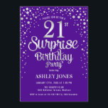 Överraskning 21:a födelsedagen Party - Silver och  Inbjudningar<br><div class="desc">Överraskad inbjudan till 21:a födelsedagspartiet. Utformning av eleganten i royalets lila och Faux glitter silver. Innehåller typsnitt och konfiguration för snyggt av skript. Berätta om du behöver anpassningsbarnas ålder.</div>
