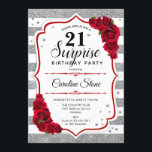 Överraskning 21:a födelsedagen - Silver White Red Inbjudningar<br><div class="desc">Överraskad 21:a födelsedagsinbjudan. Feminin vit,  röd design med faux glitter silver. Funktioner rand,  röd ros,  typsnitt för skript och confietti. Perfekt för ett elegant födelsedagsfest. Kan vara personlig att visa vilken ålder som helst. Berätta om du behöver anpassa dig ytterligare.</div>