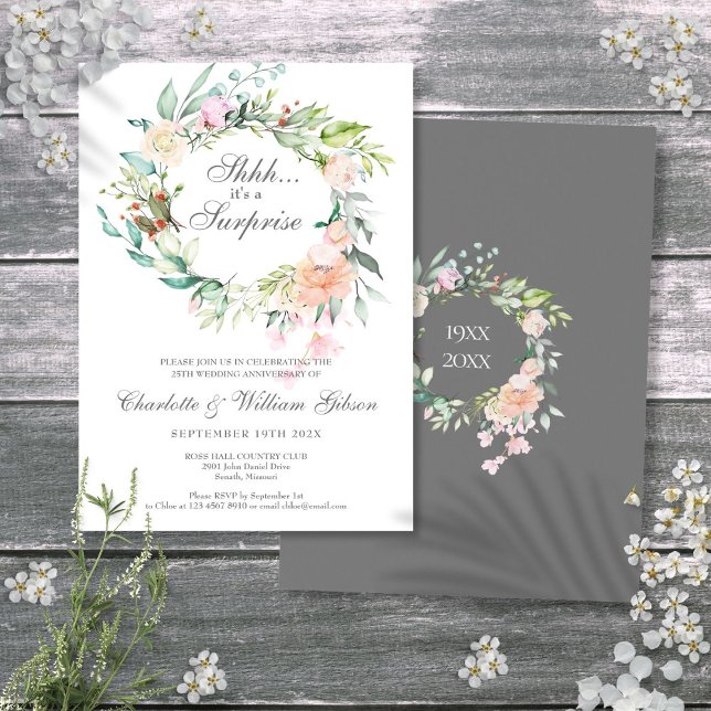 Överraskning 25-års Silverbröllopsrosor Grönska Inbjudningar (Surprise 25th Silver Anniversary Roses Greenery Invitation)