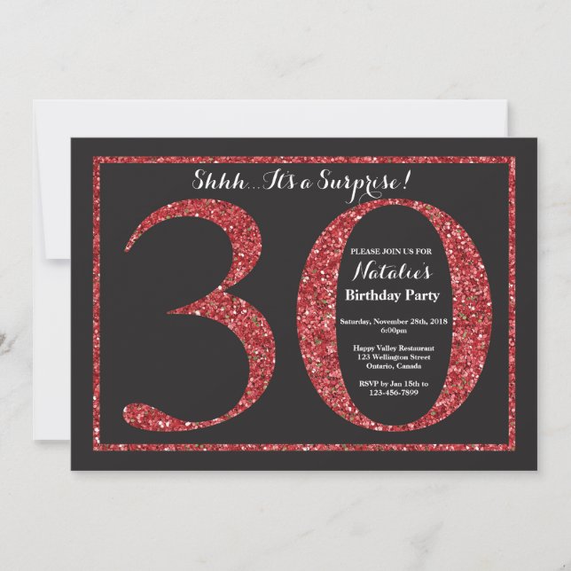 Överraskning 30-års födelsedagsinbjudan Röd Glitte Inbjudningar (Framsida)