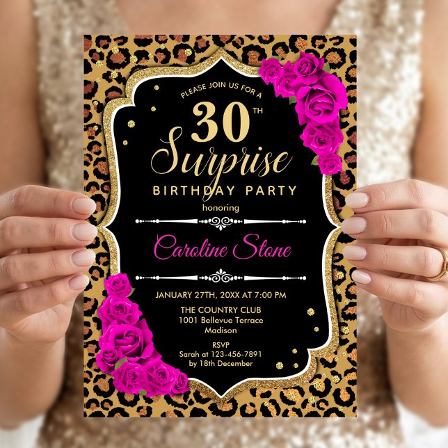 Överraskning 30-årsdag - Leopard Svart Guld Rosa Inbjudningar (Skapare uppladdad)