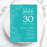 Överraskning 30års födelsedag - Blommigt Turcos Inbjudningar<br><div class="desc">Blommigt Turcos Surprise 30års födelsedag-inbjudan. Minimalistisk modern femininin-design har botaniska accenter och typiska typsnitt. Enkel perfekt för inbjudan-kort i blommigt för en snyggt kvinnlig överraskning i firande.</div>