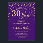 Överraskning 30års födelsedag Party - Lila Guld Inbjudningar<br><div class="desc">Överraskande inbjudan från 30års födelsedag-partiet. Elegantens utformning i royalets lila och faux glitter guld . Med skriptteckensnitt och diamanter konfigureras. Skål för 30 år! Berätta om du behöver anpassa dig ytterligare.</div>