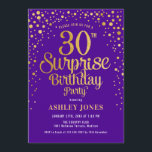 Överraskning 30års födelsedag Party - Lila & Guld Inbjudningar<br><div class="desc">Överraskande inbjudan från 30års födelsedag-partiet. Utformning av eleganten i royalets lila och Faux glitter guld. Innehåller typsnitt och konfiguration för snyggt av skript. Berätta om du behöver anpassningsbarnas ålder.</div>
