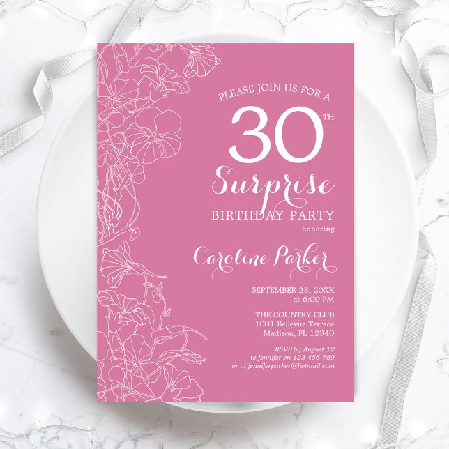 Överraskning 30års födelsedag Party - Rosa Blommig Inbjudningar (Skapare uppladdad)