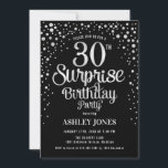 Överraskning 30års födelsedag Party - Silver & Bla Inbjudningar<br><div class="desc">Överraskande inbjudan från 30års födelsedag-partiet. Utformning av eleganten i svart och faux glitter silver. Innehåller typsnitt och konfiguration för snyggt av skript. Berätta om du behöver anpassningsbarnas ålder.</div>