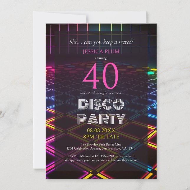 Överraskning 40:e födelsedag Neon Disco Party-inbj Inbjudningar (Framsida)