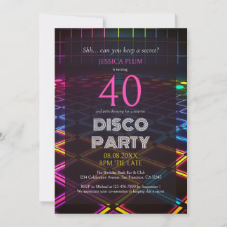 Överraskning 40:e födelsedag Neon Disco Party-inbj Inbjudningar