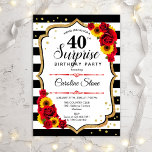 Överraskning 40:e födelsedag - Röd ros Solblommor<br><div class="desc">Överraskad 40:e födelsedagsinbjudan. Feminin design med faux glitter guld. Med solblommor,  röd ros,  svart och vitt rand,  skript och konetti. Perfekt för ett elegant födelsedagsfest. Kan vara personlig att visa vilken ålder som helst. Berätta om du behöver anpassa dig ytterligare.</div>