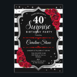 Överraskning 40:e födelsedag - Svartvit röd Inbjudningar<br><div class="desc">Överraskad 40:e födelsedagsinbjudan. Feminsvart,  vit,  röd design med faux glitter silver. Innehåller svart och vitt rand,  röd ros,  skript och konetti. Perfekt för ett elegant födelsedagsfest. Kan vara personlig att visa vilken ålder som helst. Berätta om du behöver anpassa dig ytterligare.</div>