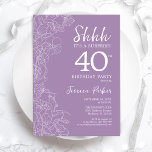 Överraskning 40:e födelsedagen - Blommigtens Lila Inbjudningar<br><div class="desc">Blommigt Lila Surprise 40:e födelsedagsinbjudan. Minimalistisk modern femininin-design har botaniska accenter och typiska typsnitt. Enkel perfekt för inbjudan-kort i blommigt för en snyggt kvinnlig överraskning i firande.</div>
