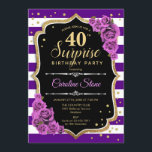 Överraskning 40:e födelsedagen - Lila Guld Inbjudningar<br><div class="desc">Överraskad 40:e födelsedagsinbjudan. Feminin lila svart guld-design med faux glitter guld. Funktioner rand,  lila ro,  skriptteckensnitt och kontur. Perfekt för ett elegant födelsedagsfest. Kan vara personlig att visa vilken ålder som helst. Berätta om du behöver anpassa dig ytterligare.</div>