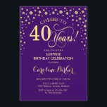 Överraskning 40:e födelsedagen Party - Lila Guld Inbjudningar<br><div class="desc">Överraskande 40:e födelsedagsinbjudan. Elegantens utformning i royalets lila och faux glitter guld . Med skriptteckensnitt och diamanter konfigureras. Skål till 40 år! Berätta om du behöver anpassa dig ytterligare.</div>