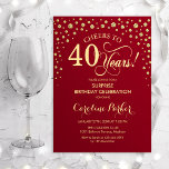Överraskning 40:e födelsedagen Party - Röda Guld Inbjudningar<br><div class="desc">Överraskande 40:e födelsedagsinbjudan. Utformning av eleganten i mörk röd och faux glitter guld. Med skriptteckensnitt och diamanter konfigureras. Skål till 40 år! Berätta om du behöver anpassa dig ytterligare.</div>