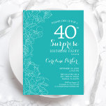 Överraskning 40:e födelsedagen Party - Turkos-Blom Inbjudningar<br><div class="desc">Turcos Blommigt Surprise 40 födelsedagsinbjudan. Minimalistisk modern design med botaniska accenter och typsnitt för typsnitt. Enkel perfekt för femininin-inbjudan-kort för en snyggt överraskning för kvinnor i firande dagen. Kan anpassas till vilken ålder som helst.</div>