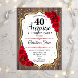 Överraskning 40:e födelsedagen - Rustic Wood Röd r Inbjudningar<br><div class="desc">Överraskad 40:e födelsedagsinbjudan. Feminin rustik design med faux glitter guld. Har trä,  mönster,  röd ros,  skriptteckensnitt och konetti. Perfekt för ett elegant födelsedagsfest. Kan vara personlig att visa vilken ålder som helst. Berätta om du behöver anpassa dig ytterligare.</div>