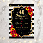 Överraskning 40:e födelsedagen - Solblommor Röd ro<br><div class="desc">Överraskad 40:e födelsedagsinbjudan. Feminin svart,  vit och röd design med faux glitter guld. Funktioner rand,  solblommor,  typsnitt och konetti. Perfekt för ett elegant födelsedagsfest. Kan vara personlig att visa vilken ålder som helst. Berätta om du behöver anpassa dig ytterligare.</div>