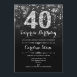 Överraskning 40:e födelsedagen - Svarta Silver Inbjudningar<br><div class="desc">Överraskad 40:e födelsedagsinbjudan. Elegant svartvit design med faux glitter silver. Vuxens födelsedag. Har diamanter och skriptteckensnitt. manar eller kvinnor på inbjudan. Perfekt för en snyggt födelsedagsfest. Berätta om du behöver anpassa dig ytterligare.</div>