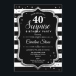 Överraskning 40:e födelsedagen - Svarta vita Silve Inbjudningar<br><div class="desc">Överraskad 40:e födelsedagsinbjudan. Klassdesign med svart och vitt rand,  skript och glitter silver. Perfekt för ett elegant födelsedagsfest. Kan vara personlig att visa vilken ålder som helst. Berätta om du behöver anpassa dig ytterligare.</div>