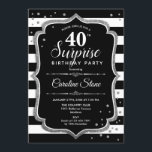 Överraskning 40:e födelsedagen - Svarta vita Silve Inbjudningar<br><div class="desc">Överraskad 40:e födelsedagsinbjudan. Klassdesign med svart och vitt rand,  skript och glitter silver. Perfekt för ett elegant födelsedagsfest. Kan vara personlig att visa vilken ålder som helst. Berätta om du behöver anpassa dig ytterligare.</div>