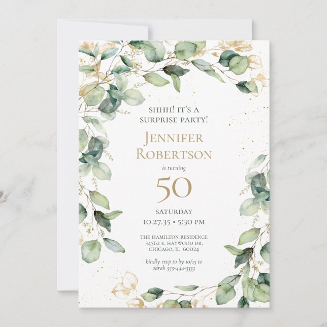 Överraskning 50-års födelsedag Eukalyptus-kortbegä Inbjudningar (Framsida)