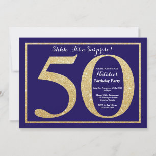 Överraskning 50-årsdag Navy Blå och Guld Glitter Inbjudningar