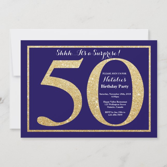 Överraskning 50-årsdag Navy Blå och Guld Glitter Inbjudningar (Framsida)