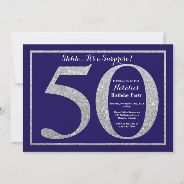 Överraskning 50-årsdag Navy Blå Silver Glitter Inbjudningar (Framsida)