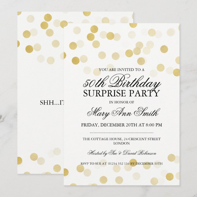 Överraskning 50:e födelsedag Guld Foil Glitter Lju Inbjudningar (Fram/baksida)