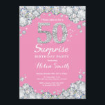 Överraskning 50:e födelsedag Rosa och Silver Diamo Inbjudningar<br><div class="desc">Överraskad 50:e födelsedagsinbjudan. Rosa och Silver Rhinestone Diamond Red Background. Elegant Birthday Bash inbjudan. Vuxen Birthday. Kvinnor på födelsedagen. Manar födelsedag. Om du vill göra ytterligare anpassningar klickar du på knappen "Anpassa" och användor verktyg som är utformat för att ändra mallen.</div>