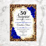 Överraskning 50:e födelsedagen - Leopard Guld Roya Inbjudningar<br><div class="desc">Överraskad 50:e födelsedagsinbjudan. Feminint royal blått,  vit design med faux glitter guld. Det finns djur leopard cheetah mönster,  sapphire blue ro,  script font och konetti. Perfekt för ett elegant födelsedagsfest. Kan vara personlig att visa vilken ålder som helst. Berätta om du behöver anpassa dig ytterligare.</div>