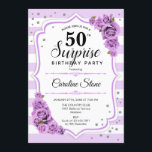 Överraskning 50:e födelsedagen - Lila White Inbjudningar<br><div class="desc">Överraskad 50:e födelsedagsinbjudan. Feminvit,  lavender-lilac-design. Funktioner rand,  pastel lila ro,  skriptteckensnitt och kontur. Perfekt för ett elegant födelsedagsfest. Kan vara personlig att visa vilken ålder som helst. Berätta om du behöver anpassa dig ytterligare.</div>