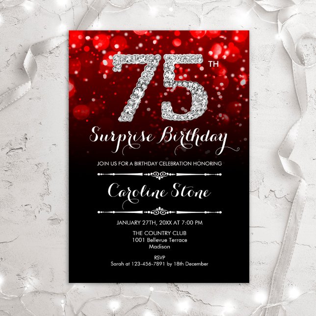 Överraskning 75:e Birthday - Black Red Silver Inbjudningar (Skapare uppladdad)