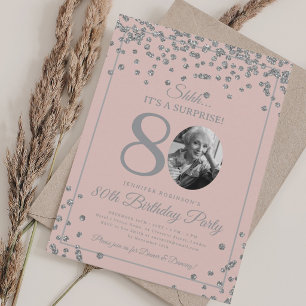 ÖVERRASKNING 80-årsdag Silver Konfetti Rosa Inbjudningar