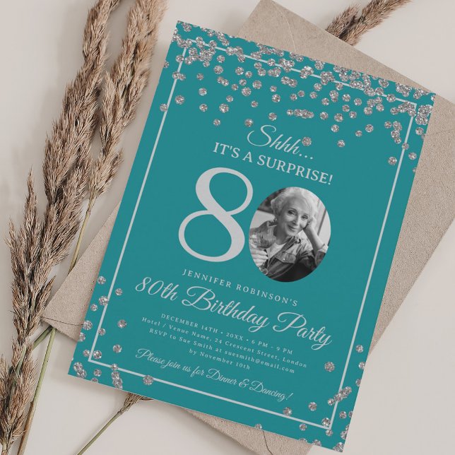 ÖVERRASKNING 80-årsdag Silver Konfetti Turkos  Inbjudningar (SURPRISE 80th Birthday Silver Confetti Turquoise Invitation)