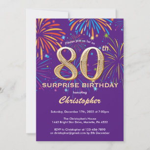 Överraskning 80:e födelsedag Lila och Guld Firewor Inbjudningar