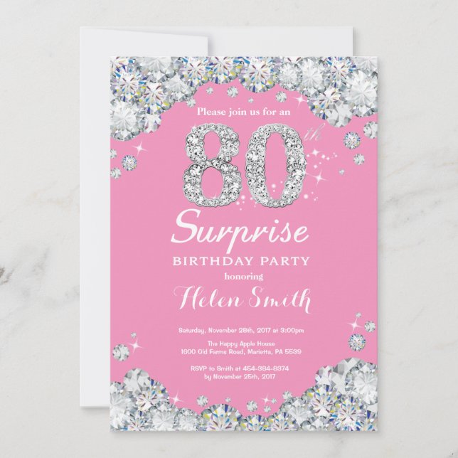 Överraskning 80:e födelsedag Rosa och Silver Diamo Inbjudningar (Framsida)