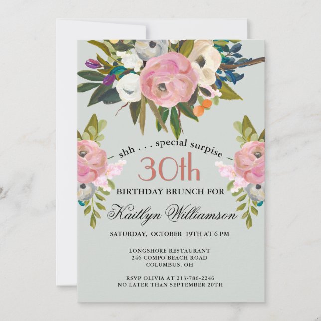 ÖVERRASKNING Brunch Elegant Blommig 30-årsdag  Inbjudningar (Framsida)