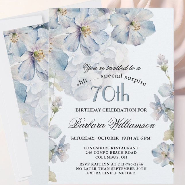 ÖVERRASKNING Elegant Blå Blommig 70-årsdag  Inbjudningar (Skapare uppladdad)