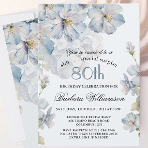 ÖVERRASKNING Elegant Blå Blommig 80-årsdag Inbjudningar