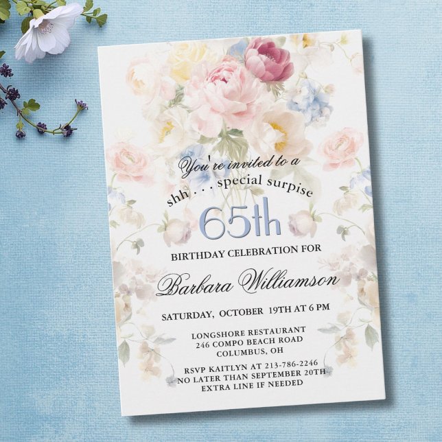 ÖVERRASKNING Elegant Målad Blommig 65-årsdag  Inbjudningar (Skapare uppladdad)