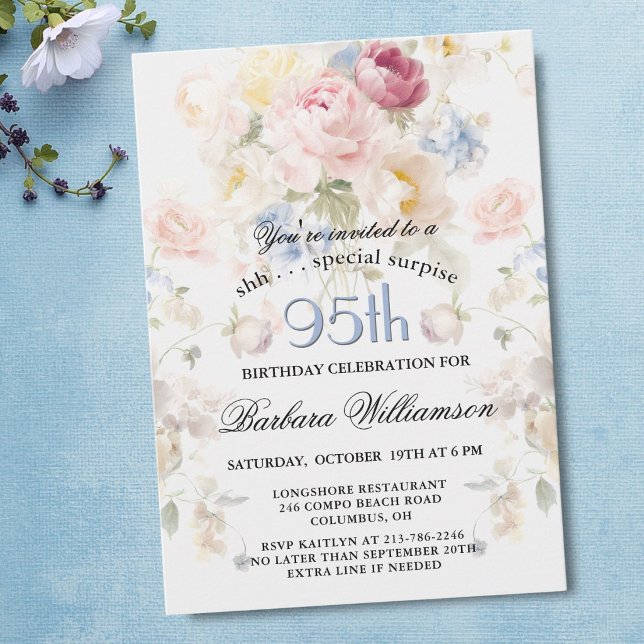 ÖVERRASKNING Elegant Målad Blommig 95-årsdag  Inbjudningar (Skapare uppladdad)