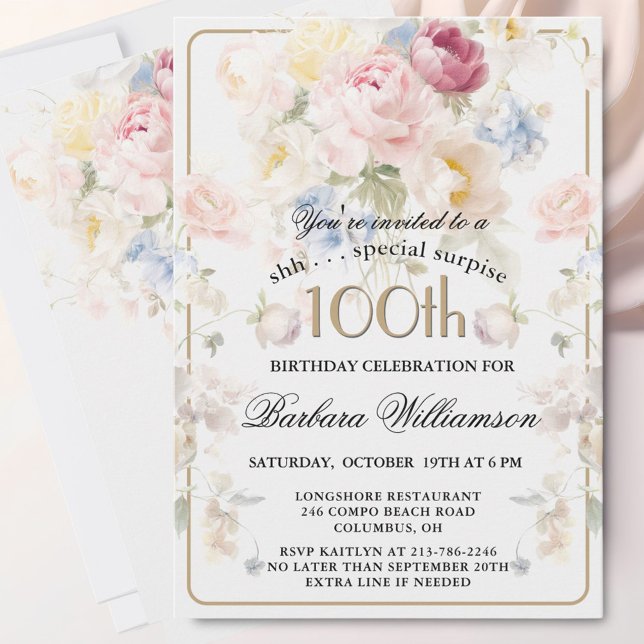 ÖVERRASKNING Elegant Målade Blommor 100-årsdag  Inbjudningar (Skapare uppladdad)