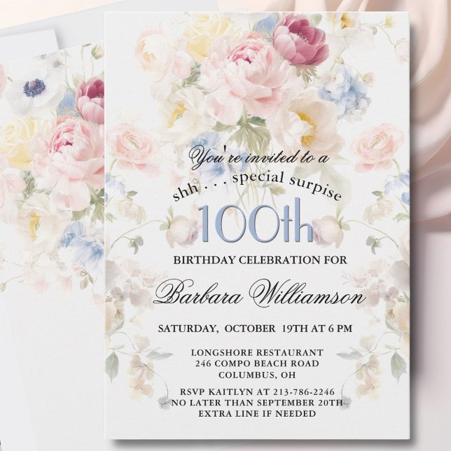 ÖVERRASKNING Elegant Målade Blommor 100-årsdag  Inbjudningar (Skapare uppladdad)