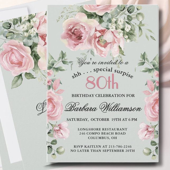 *ÖVERRASKNING Eleganta målade rosor 80 Födelsedags Inbjudningar (Skapare uppladdad)