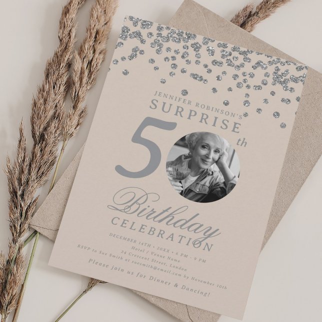 ÖVERRASKNING Foto 50-års Silver Champagne Inbjudningar (SURPRISE Photo 50th Birthday Silver Champagne Invitation)