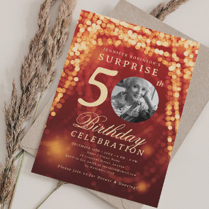 ÖVERRASKNING Foto 50-årsdag Guld Röda Glam Lampor Inbjudningar