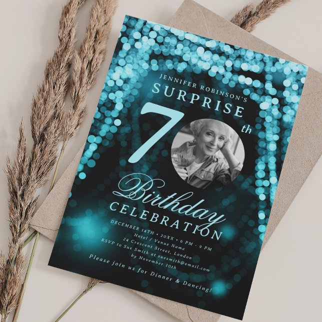ÖVERRASKNING Foto 70-årsdag Turkos Glam Inbjudningar (SURPRISE Photo 70th Birthday Turquoise Glam Invitation)